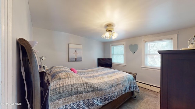 bedroom featuring carpet and a baseboard radiator