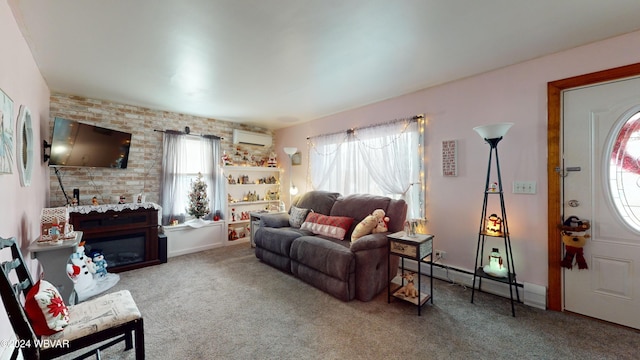 living room with plenty of natural light, carpet floors, a baseboard radiator, and a wall mounted air conditioner