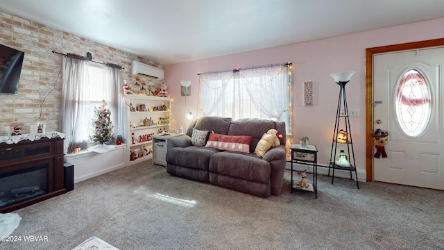 living room featuring brick wall, carpet floors, and a wall unit AC