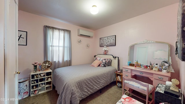 carpeted bedroom featuring an AC wall unit