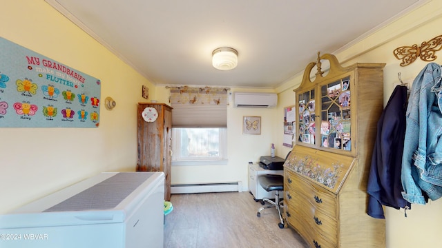 office area with a wall mounted AC, hardwood / wood-style floors, baseboard heating, and crown molding