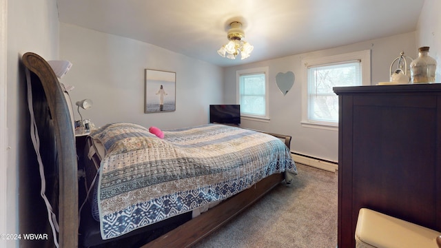 bedroom with carpet floors and a baseboard heating unit