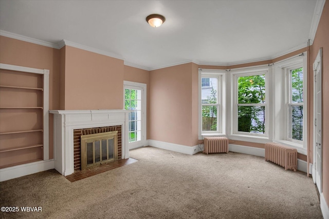 330 High St, Williamsport, PA 17701 - unfurnished living room with radiator heating unit, carpet flooring, baseboards, ornamental molding, and a fireplace