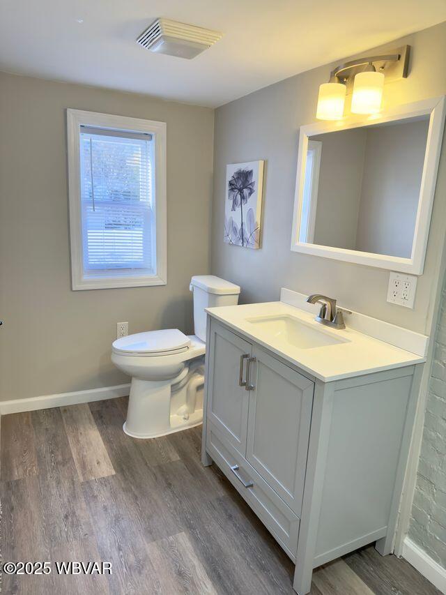 bathroom with toilet, wood-type flooring, and vanity