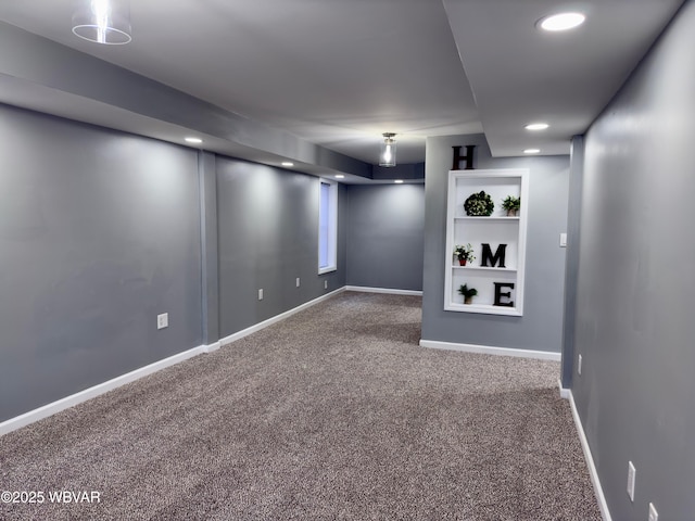 basement with carpet floors and built in shelves