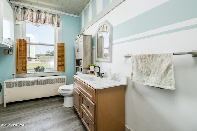 bathroom featuring vanity, radiator, hardwood / wood-style floors, and toilet