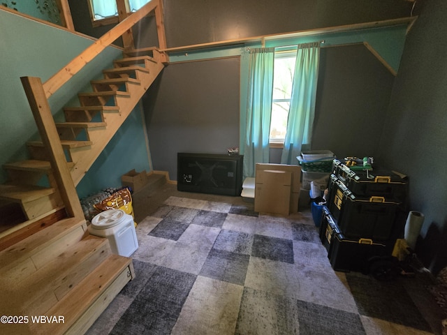 living area with stairs
