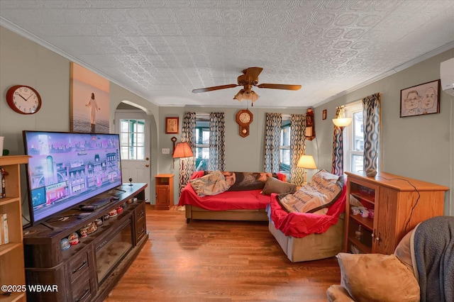 522 S Main St, Jersey Shore, PA 17740 - living room featuring wood finished floors, a ceiling fan, arched walkways, and an ornate ceiling