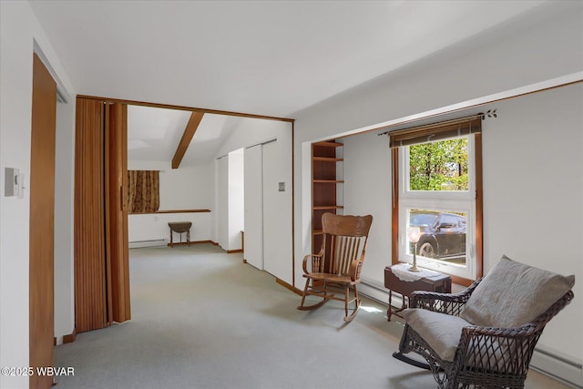 sitting room featuring carpet floors and a baseboard radiator