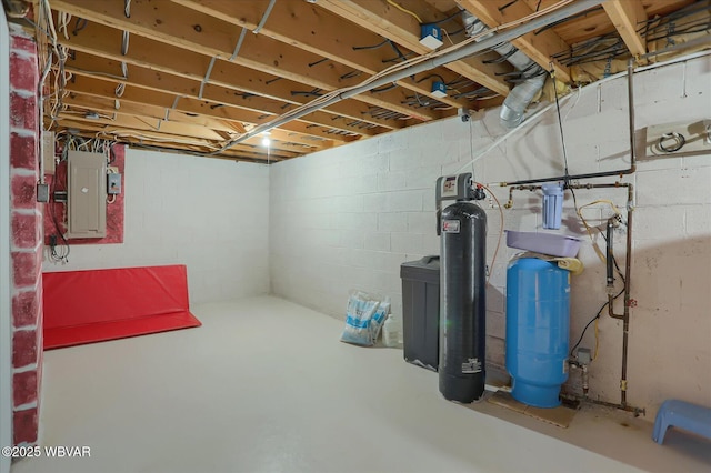 unfinished basement featuring electric panel