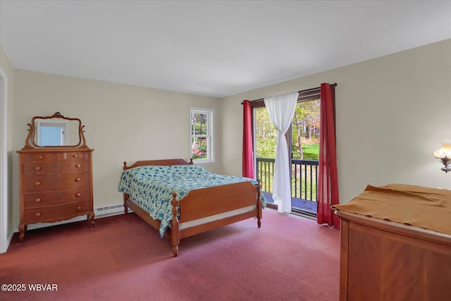 bedroom featuring carpet, a baseboard heating unit, and access to exterior