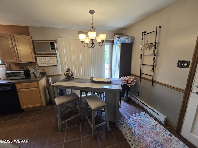 dining space with a baseboard heating unit, a chandelier, dark tile patterned flooring, and an AC wall unit