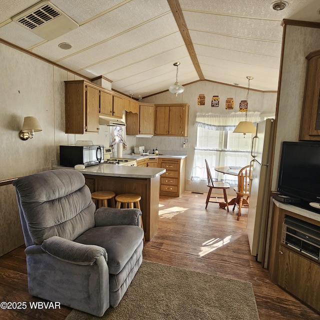 kitchen featuring under cabinet range hood, dark wood-style flooring, visible vents, vaulted ceiling, and freestanding refrigerator