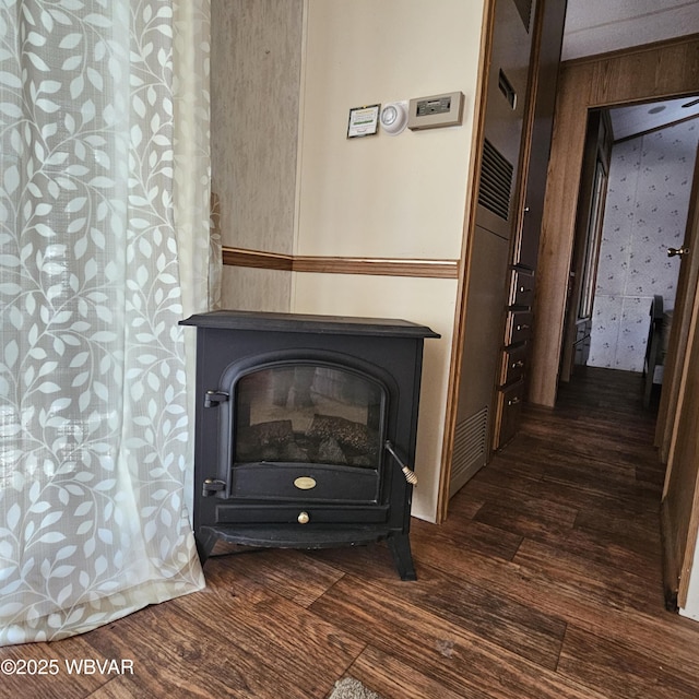 details featuring a wood stove and wood finished floors