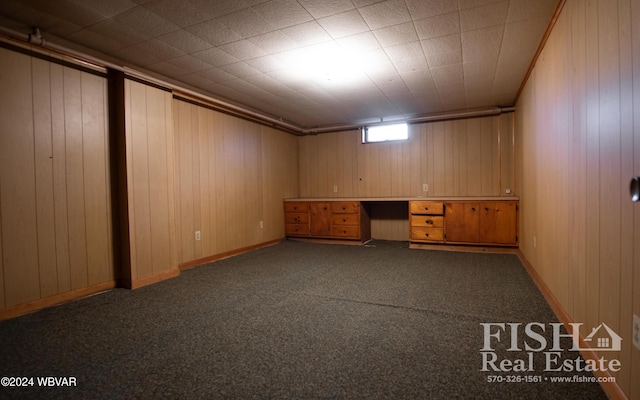 basement featuring carpet and wooden walls