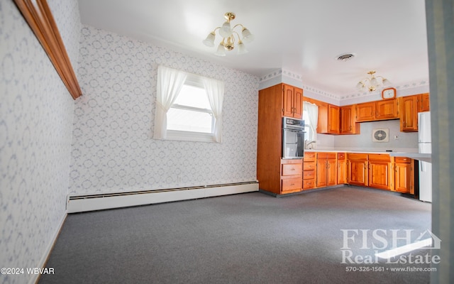 kitchen with carpet flooring, an inviting chandelier, black oven, and a baseboard heating unit