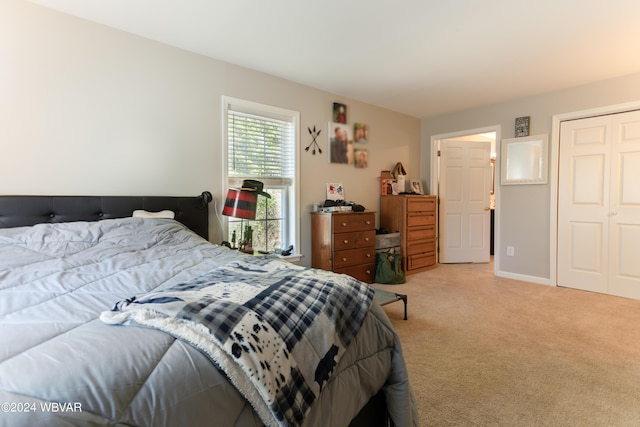 bedroom featuring light carpet and a closet