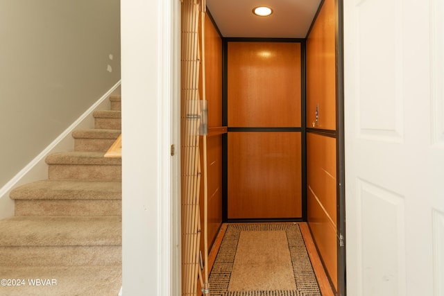 interior details featuring elevator and carpet floors