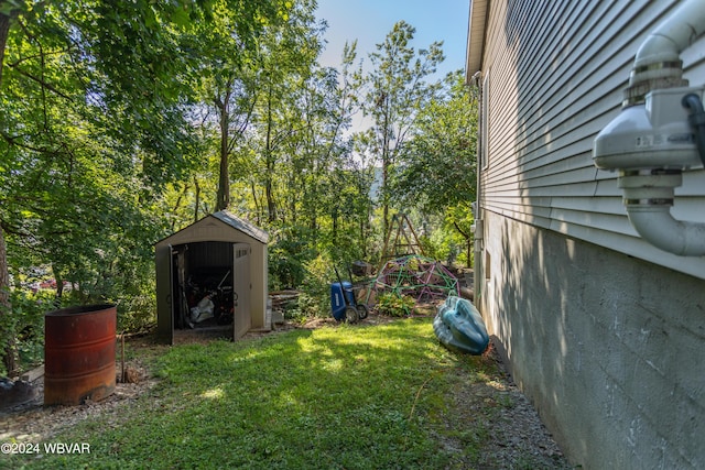 view of yard with a storage shed