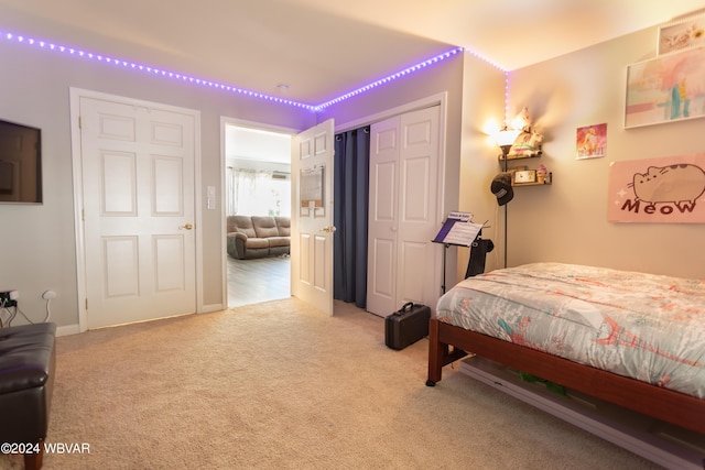 carpeted bedroom with a closet