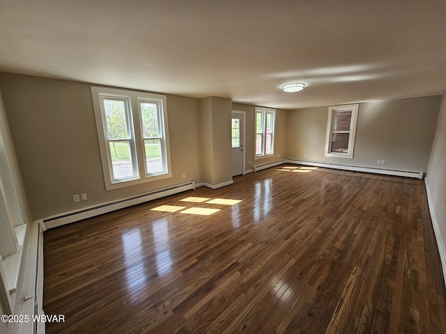 empty room with baseboards, baseboard heating, and dark wood-style flooring