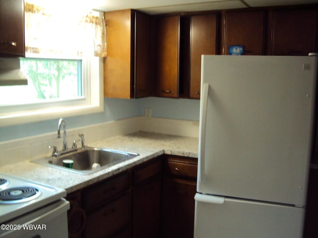 117 Oak Ln, Lock Haven, PA 17745 - kitchen featuring freestanding refrigerator, light countertops, extractor fan, and dark brown cabinetry