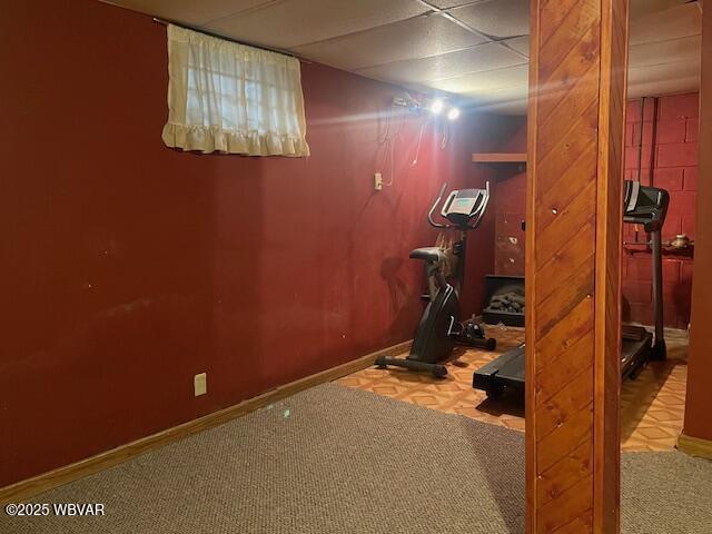 exercise room featuring carpet flooring and a paneled ceiling