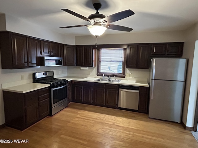 kitchen featuring dark brown cabinetry, appliances with stainless steel finishes, sink, and light wood-type flooring