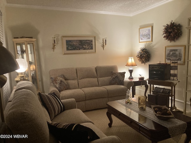 living room with carpet, a textured ceiling, and ornamental molding