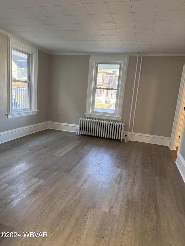 spare room featuring wood-type flooring, radiator heating unit, crown molding, and a wealth of natural light