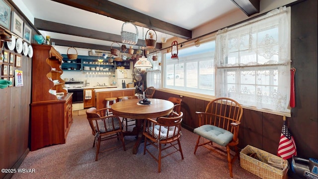 carpeted dining area featuring beam ceiling and wooden walls