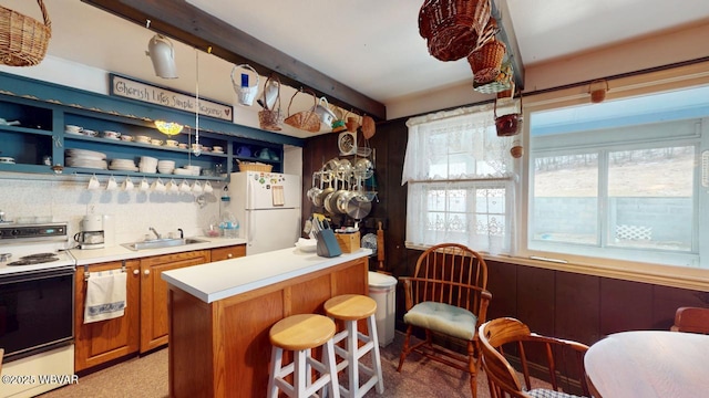 bar with indoor wet bar, tasteful backsplash, a sink, wood walls, and white appliances