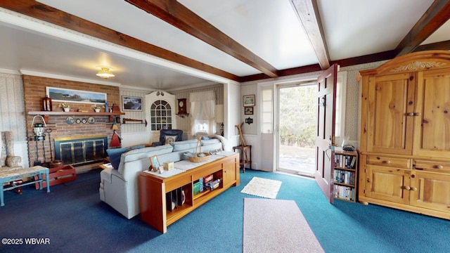 living room with dark carpet, a fireplace, beamed ceiling, and ornamental molding