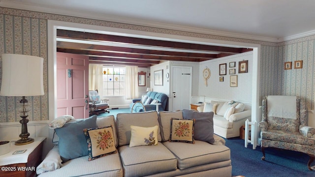 living room with wallpapered walls, beam ceiling, ornamental molding, and carpet flooring