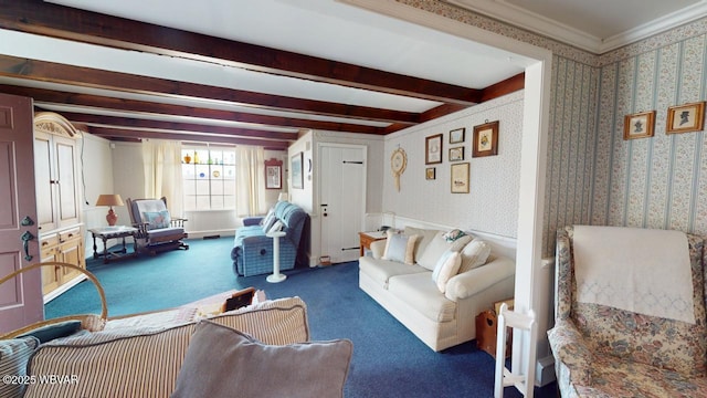 living area featuring wallpapered walls, carpet, ornamental molding, and beamed ceiling