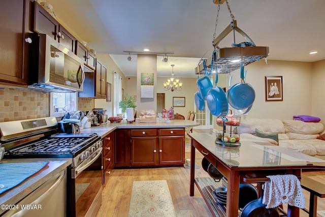 kitchen featuring light wood-style flooring, a peninsula, stainless steel appliances, light countertops, and backsplash