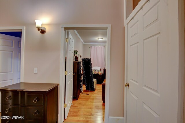 hallway with ornamental molding and light wood-type flooring