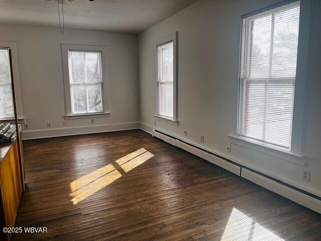 interior space with dark wood-style floors, a baseboard radiator, a wealth of natural light, and baseboards