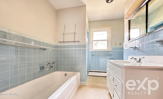 bathroom featuring a baseboard radiator, a wainscoted wall, vanity, and tile walls