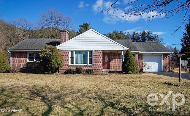 single story home with aphalt driveway, brick siding, a chimney, and an attached garage