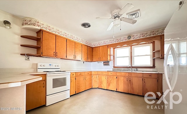 kitchen featuring open shelves, white appliances, a sink, and visible vents