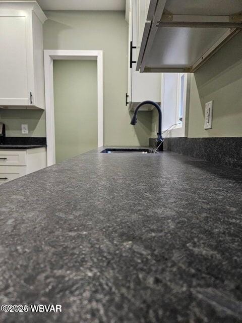 131 Spring House Rd, Muncy Valley, PA 17758 - kitchen with under cabinet range hood, dark countertops, white cabinetry, and a sink