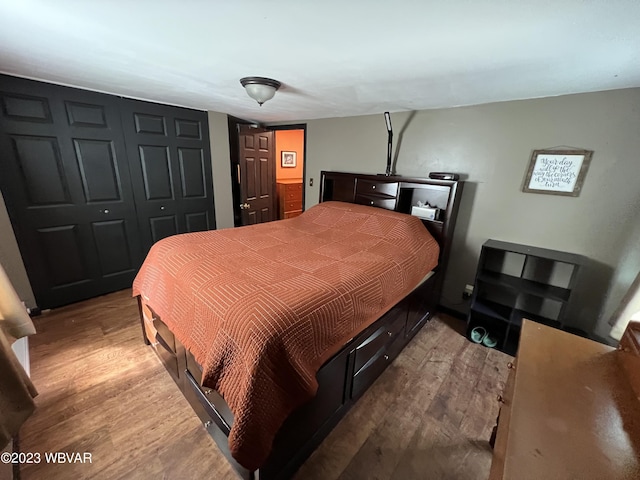 bedroom with hardwood / wood-style flooring and a closet