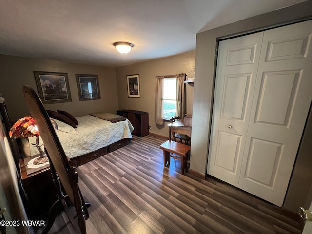 bedroom with dark hardwood / wood-style floors and a closet