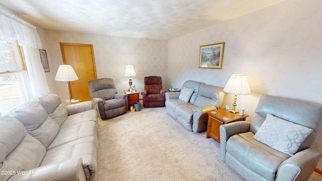 living room featuring light carpet