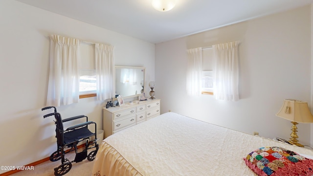 bedroom with light carpet