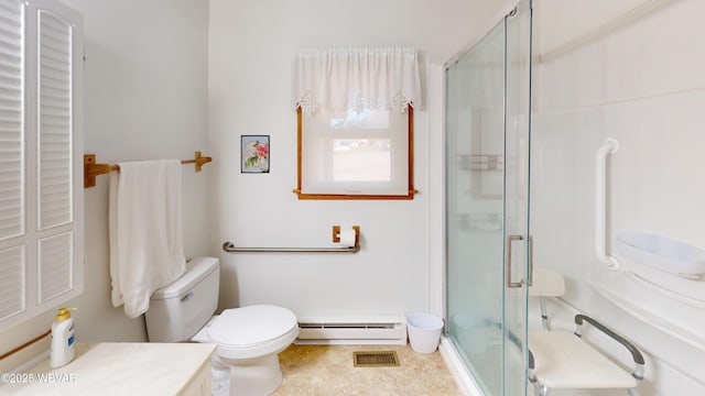 full bathroom featuring visible vents, a shower stall, toilet, vanity, and a baseboard radiator