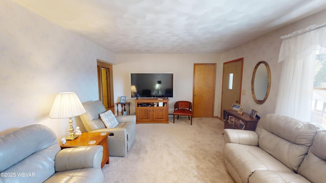 living area with light colored carpet