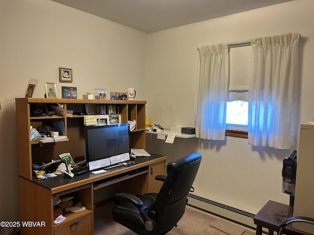 office space featuring carpet flooring and a baseboard radiator