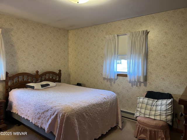 bedroom featuring wallpapered walls, carpet, and a baseboard radiator